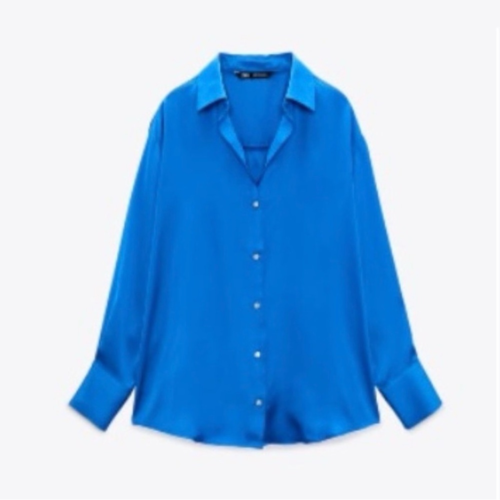 Vibrant Blue Button-Up Satin Blouse